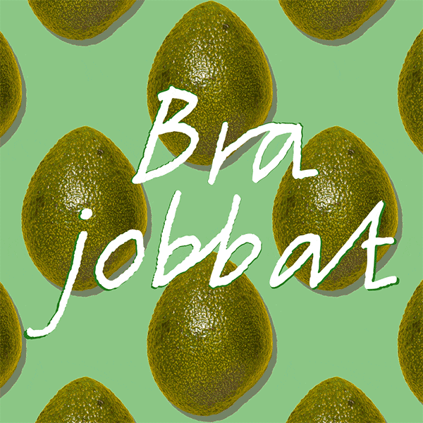 Texten 'Bra jobbat' på en bakgrund med avocados i rader som växlar mellan att vara delade på mitten och inte