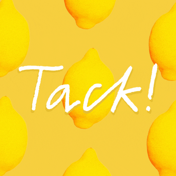 Sex citroner cirkulerar runt en citron på mörkgul bakgrund med texten 'tack!' framför
