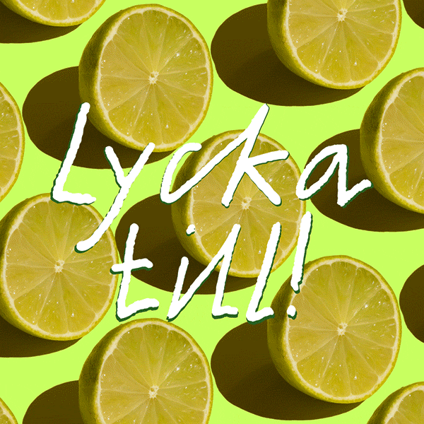 Texten 'Lycka till' på en bakgrund av limefrukter som växlar mellan att vara delade på mitten och inte
