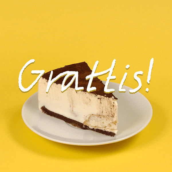 En bit av en glasstårta som blir mindre bit för bit på ett fat med texten 'Grattis!' framför